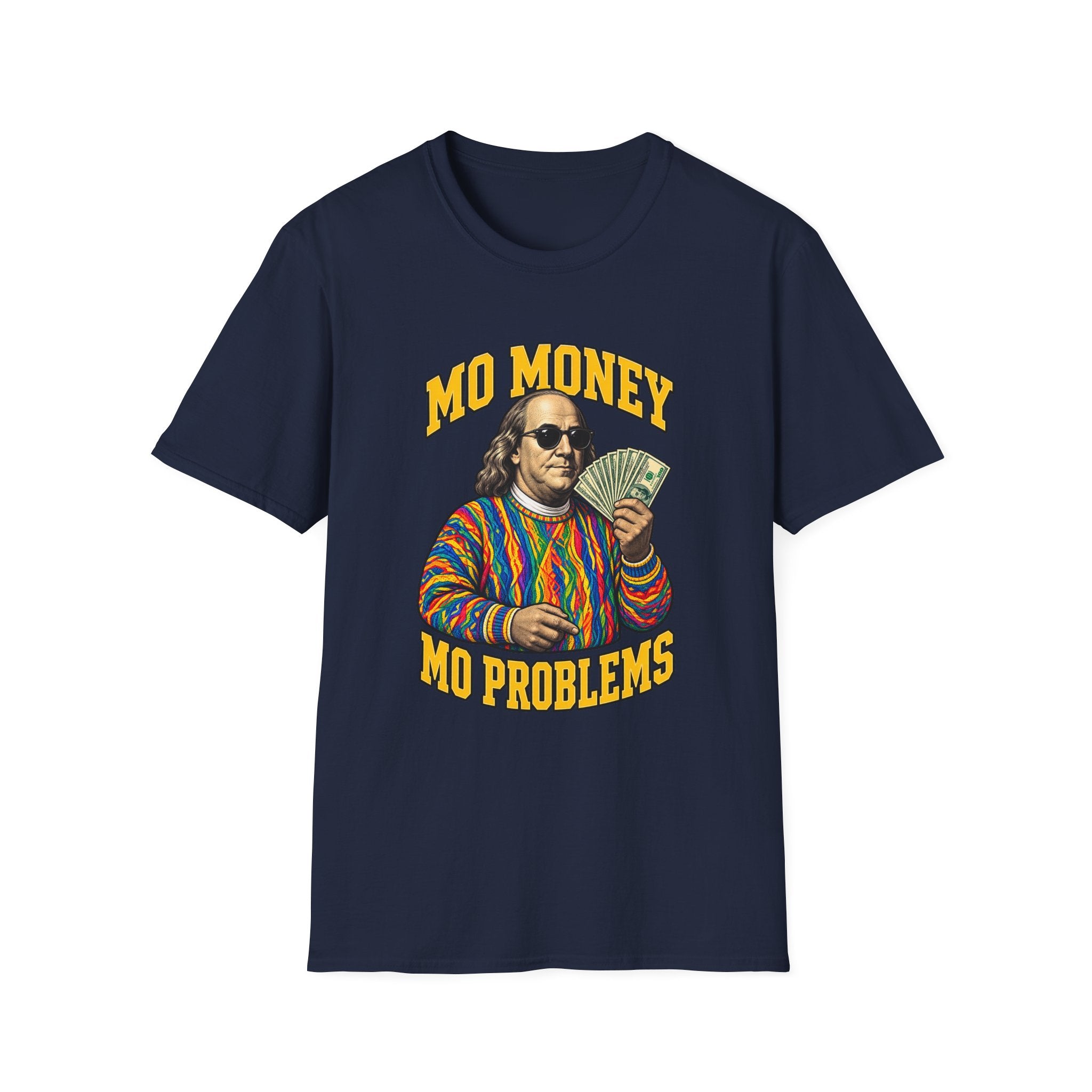 Benjamin Franklin holding cash Mo Money T-Shirt | Retro Money Humor | 1990's 2000's Nostalgia Throwback