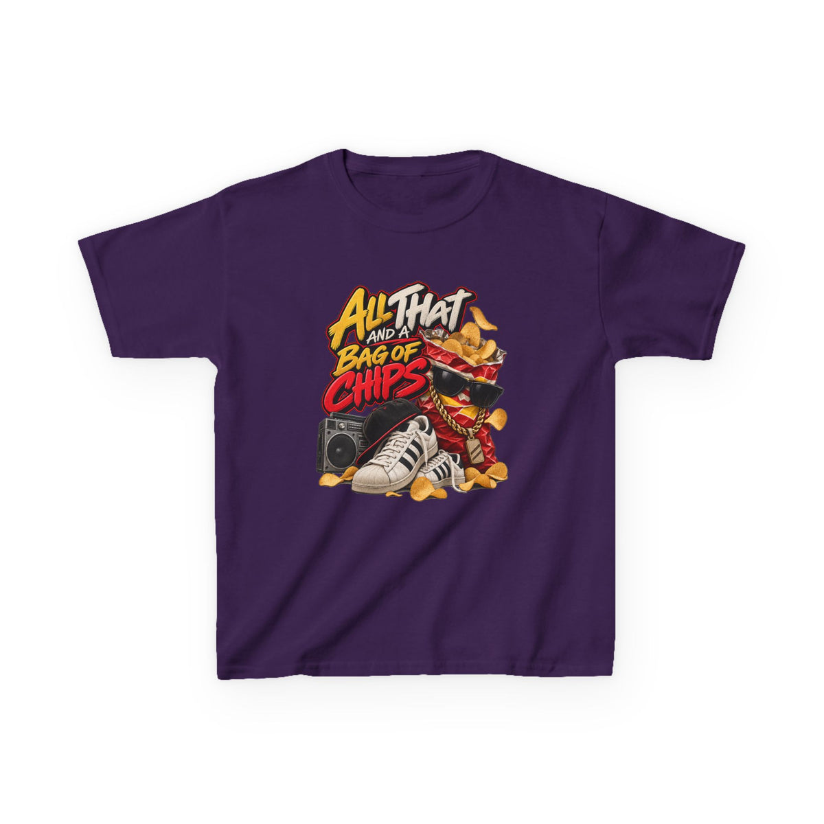 All That and a Bag of Chips Kid Tee | Retro Chips Cartoon Snack Design | 90's 00's Hip Hop Pop Culture