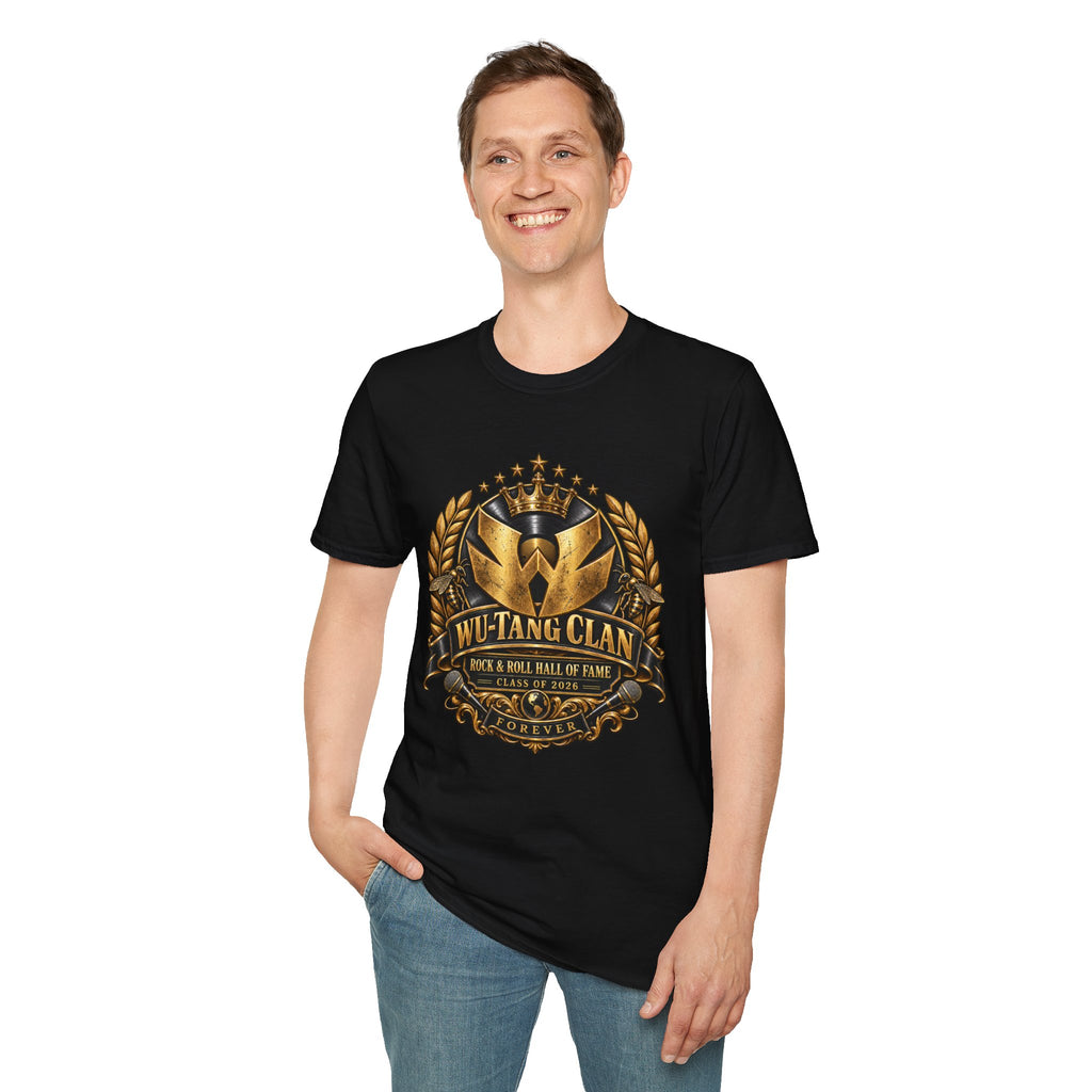 Wu-Tang Clan Rock and Roll Hall of Fame T-Shirt | Gold emblem, laurel wreath, hip hop logo | 90s 00s Hip Hop Nostalgia Pop Culture