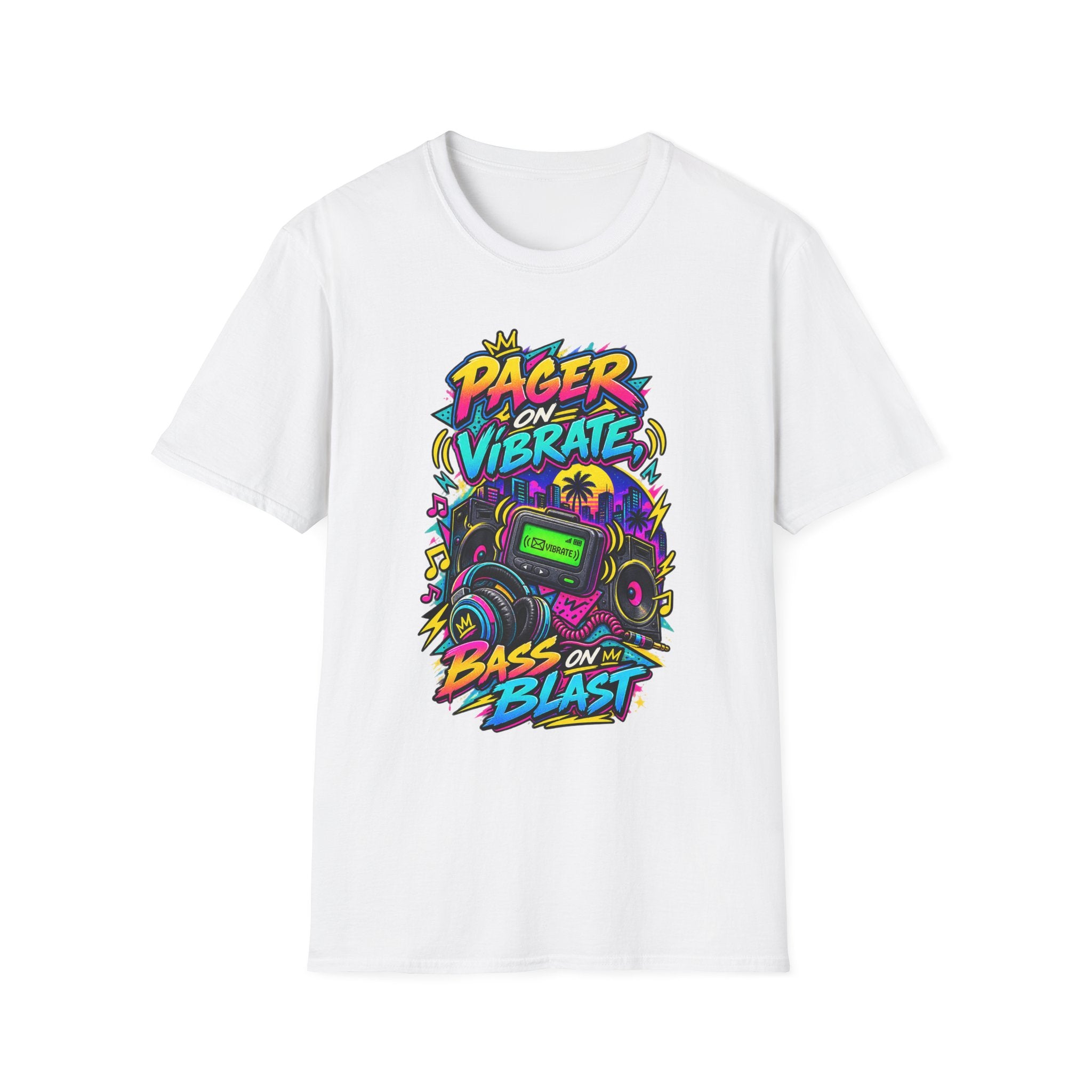 Pager on Vibrate Retro 90s Graphic T-Shirt | Bass on Blast Neon Boombox | 1990's 2000's Nostalgia Throwback