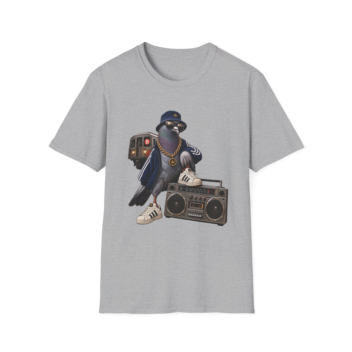 Pigeon Rapper Illustration B Train Boombox Hip Hop T-Shirt NYC | Urban Street Style | 1990's 2000's Nostalgia Throwback