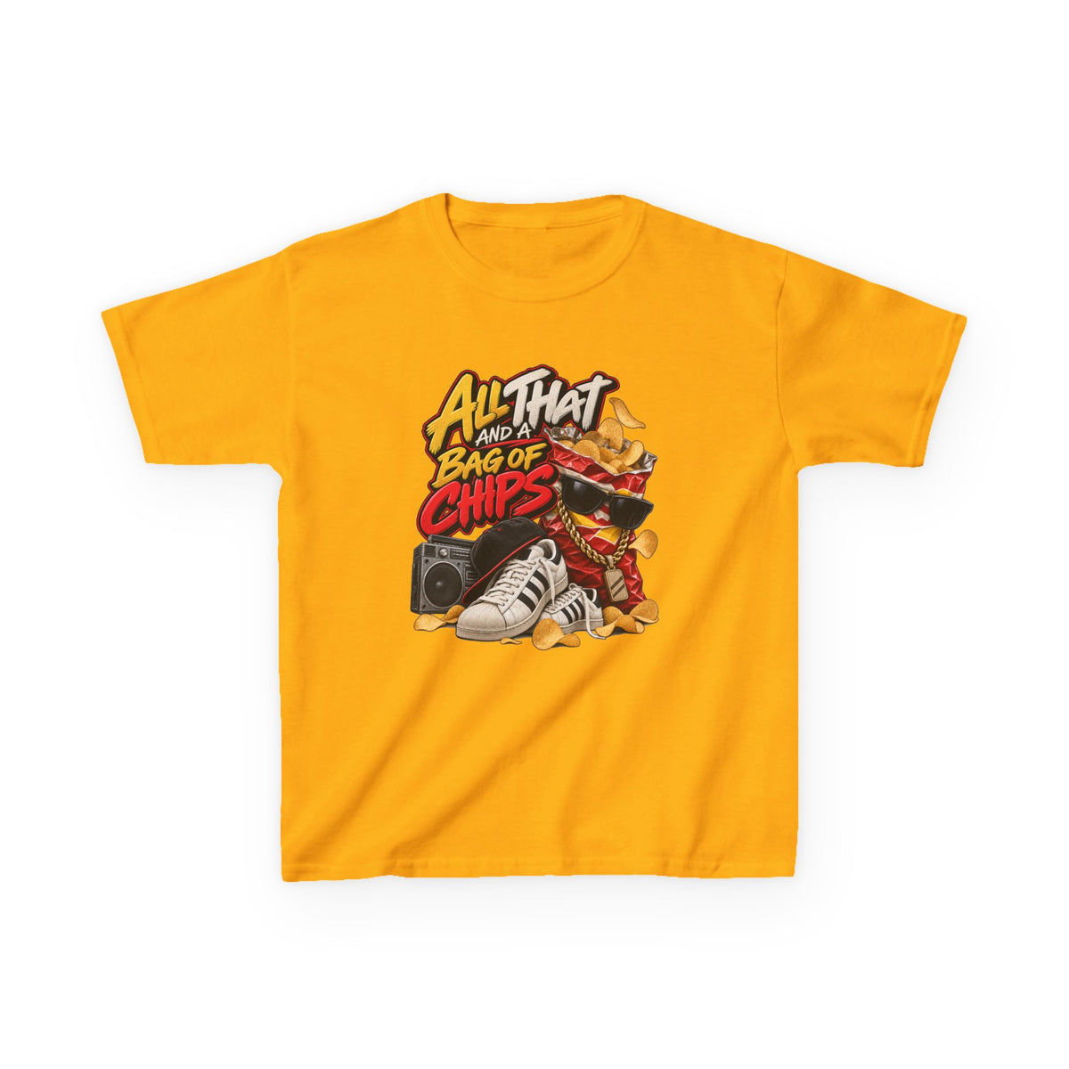 All That and a Bag of Chips Kid Tee | Retro Chips Cartoon Snack Design | 90's 00's Hip Hop Pop Culture