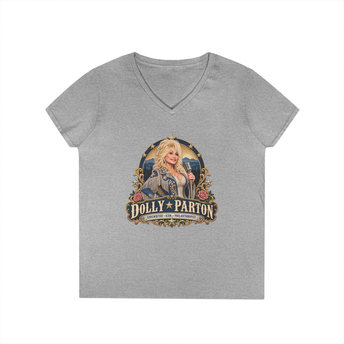 Dolly Parton Portrait V-Neck Tribute T-Shirt | Country Music Icon Tee