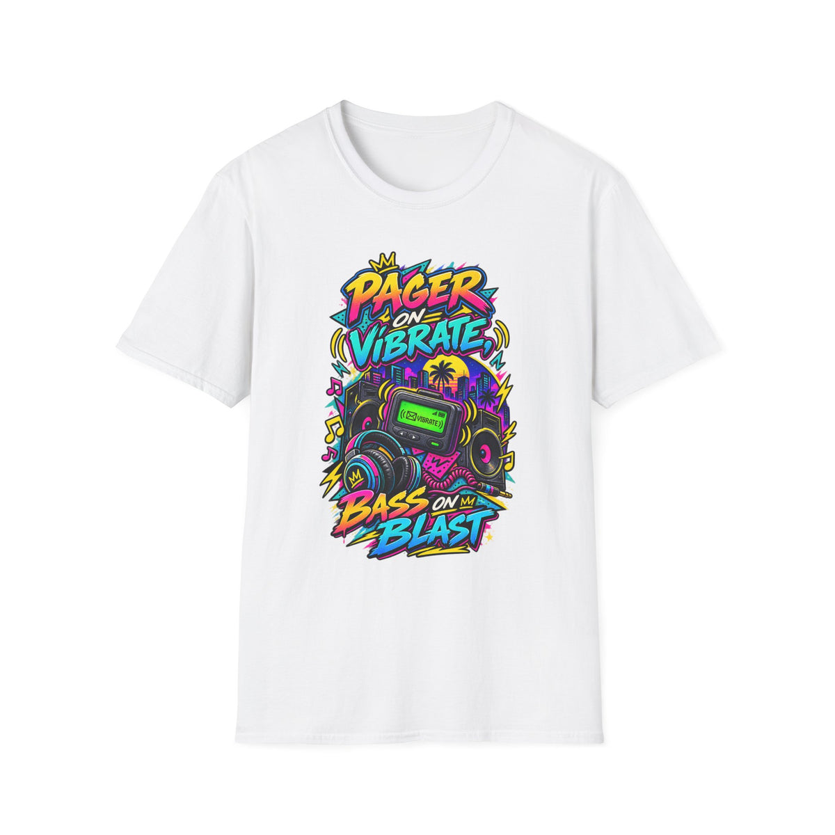 Pager on Vibrate Retro 90s Graphic T-Shirt | Bass on Blast Neon Boombox | 1990's 2000's Nostalgia Throwback