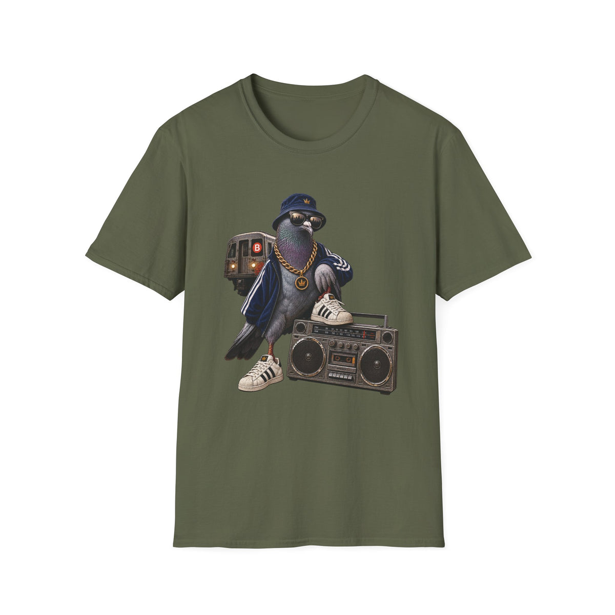 Pigeon Rapper Illustration B Train Boombox Hip Hop T-Shirt NYC | Urban Street Style | 1990's 2000's Nostalgia Throwback