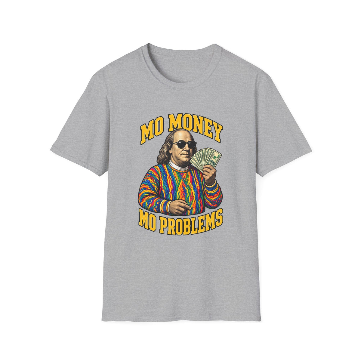 Benjamin Franklin holding cash Mo Money T-Shirt | Retro Money Humor | 1990's 2000's Nostalgia Throwback
