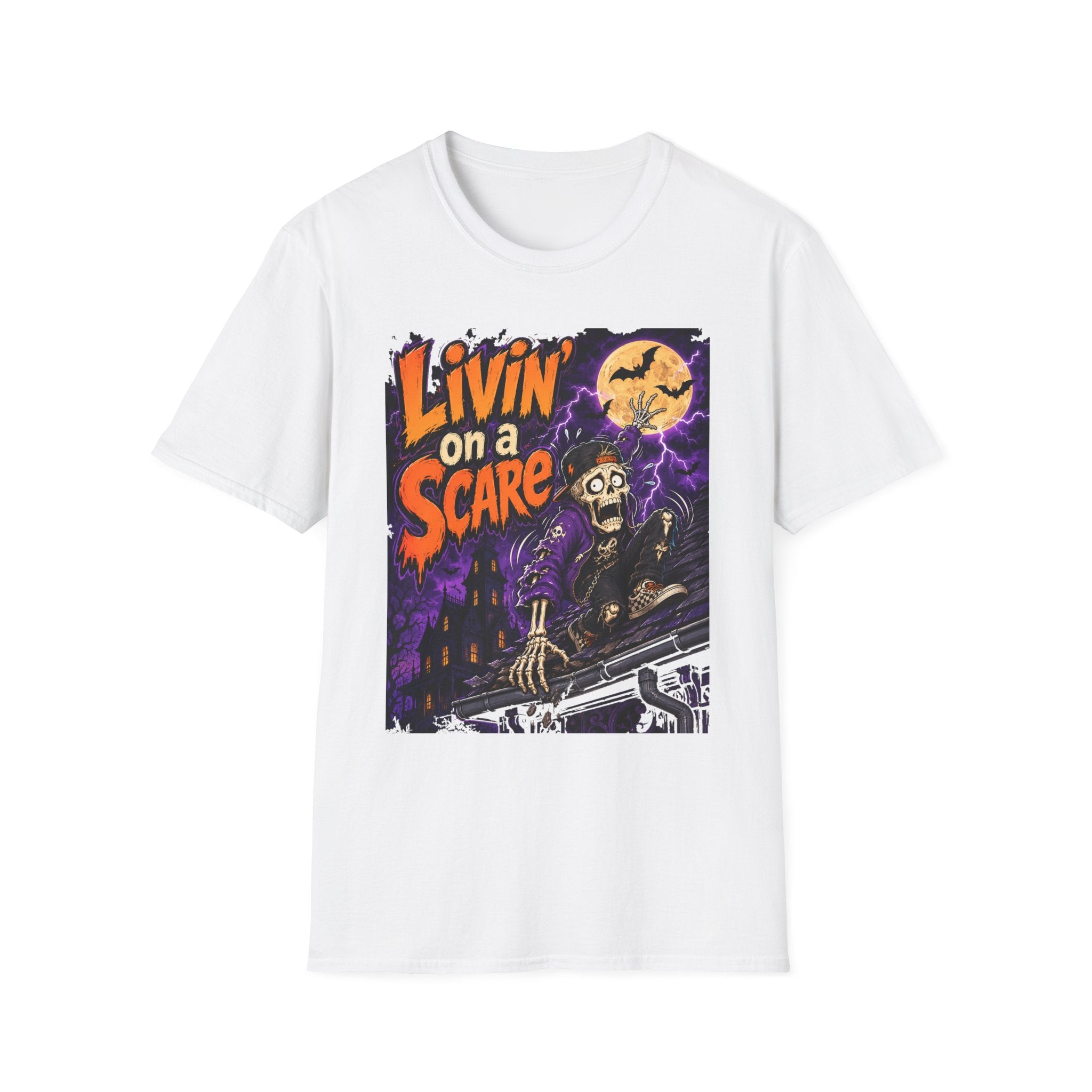 Livin on a Scare T-Shirt | Halloween Skeleton Moon Design