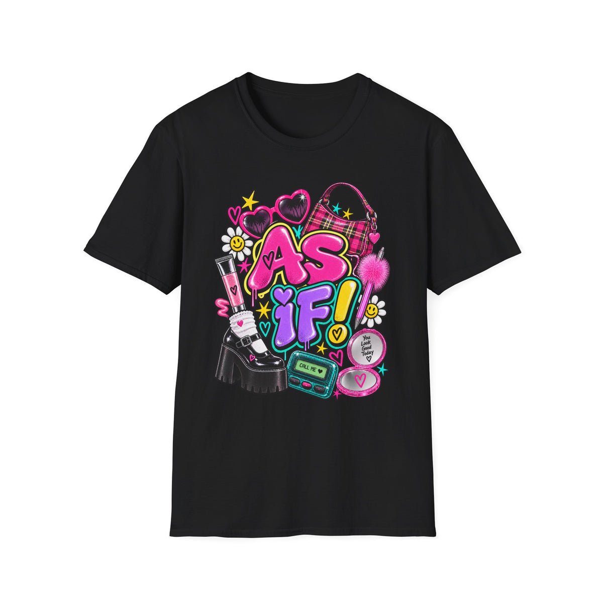 As If! Graphic Tee | 90s Y2K Retro Print, Heart Sunglasses, Plaid Bag | 90's 00's Hip Hop Pop Culture Nostalgia