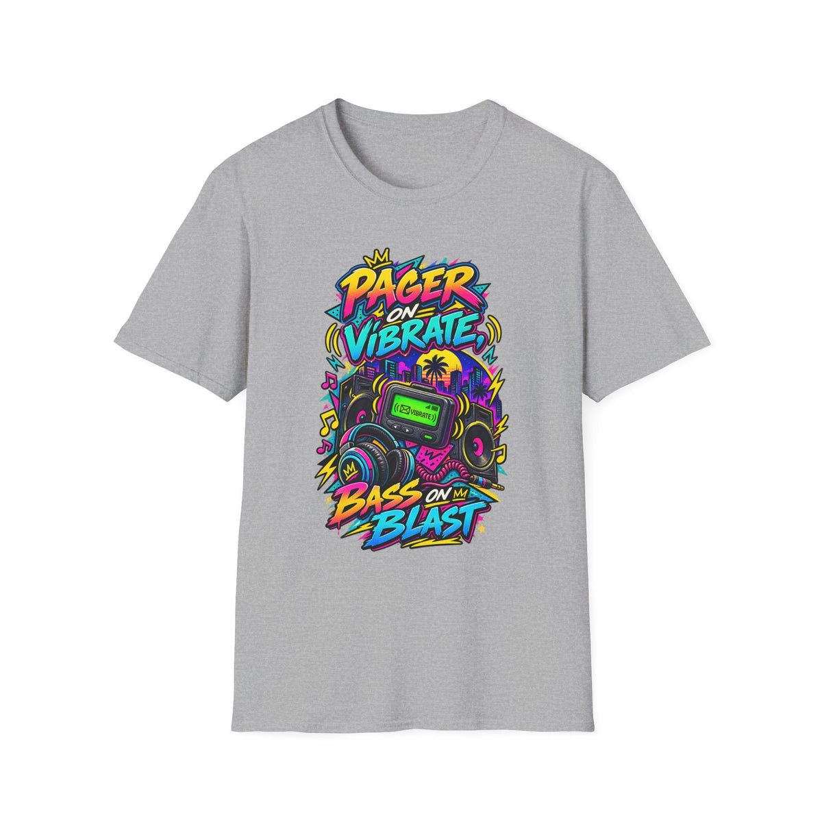 Pager on Vibrate Retro 90s Graphic T-Shirt | Bass on Blast Neon Boombox | 1990's 2000's Nostalgia Throwback