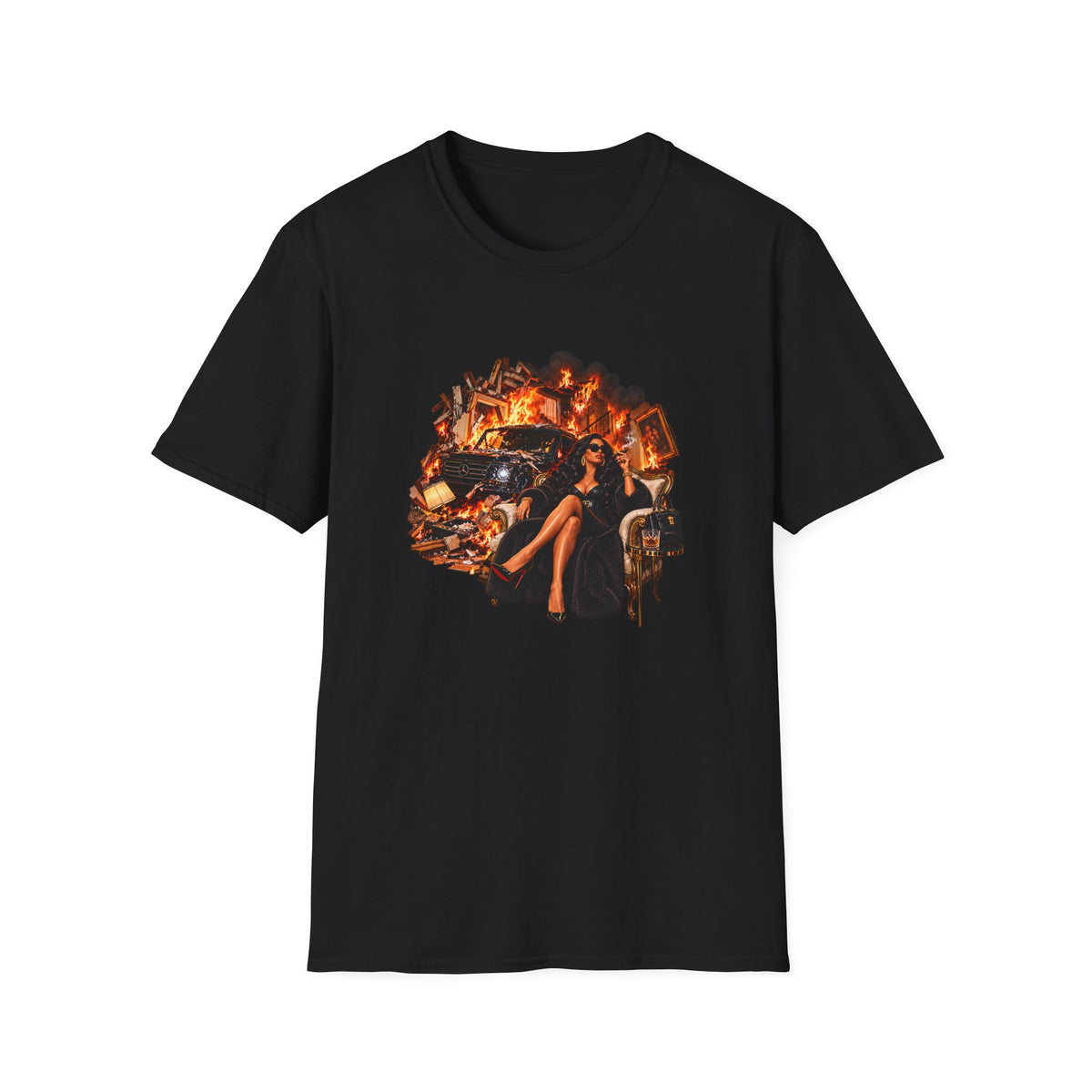 SUV house Smoking T-Shirt | Vintage Pinup Woman, Burnout Scene | Mallory Beauty Burn