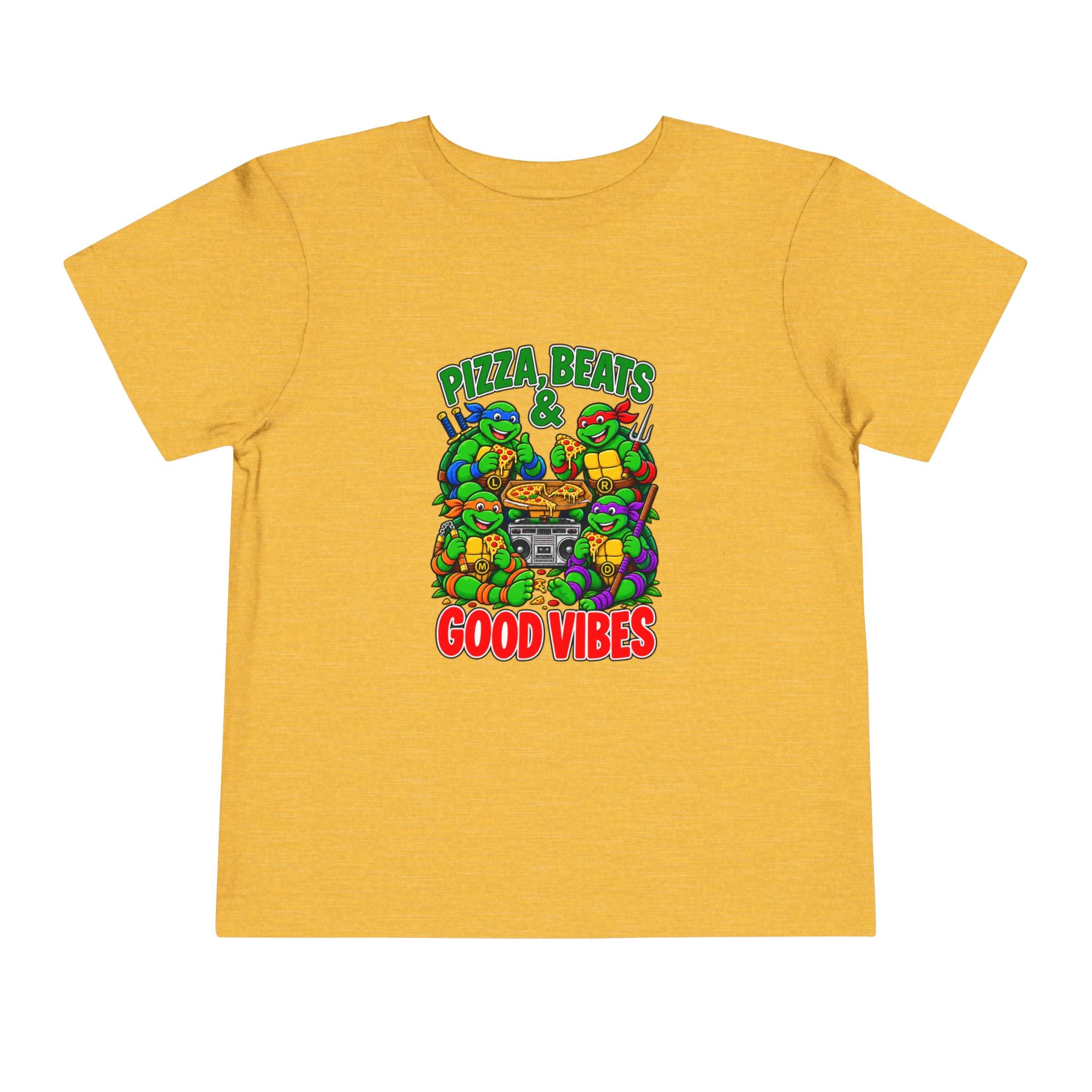 Pizza, Beats and Good Vibes Toddler Tee | Cartoon Pizza Party Design