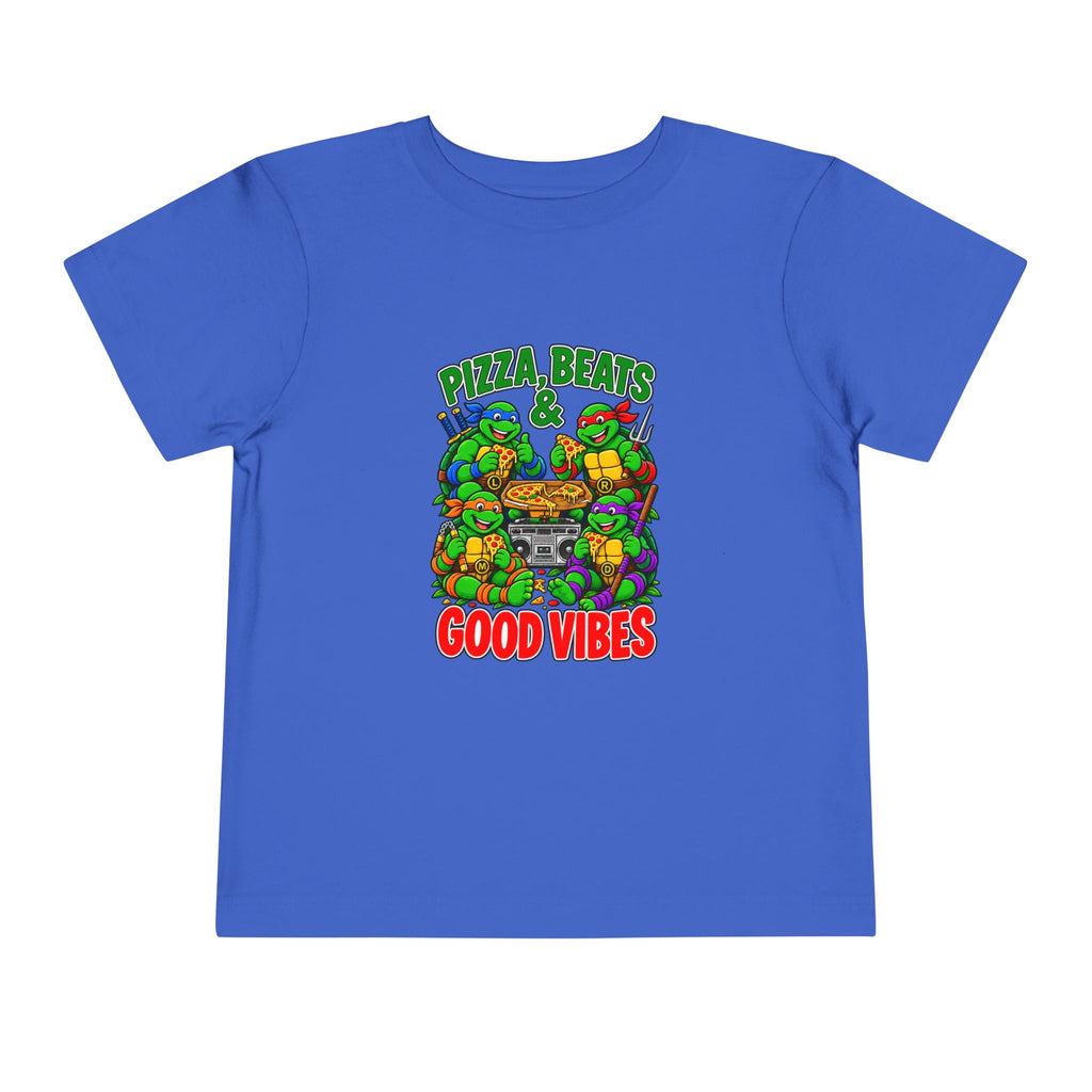 Pizza, Beats and Good Vibes Toddler Tee | Cartoon Pizza Party Design