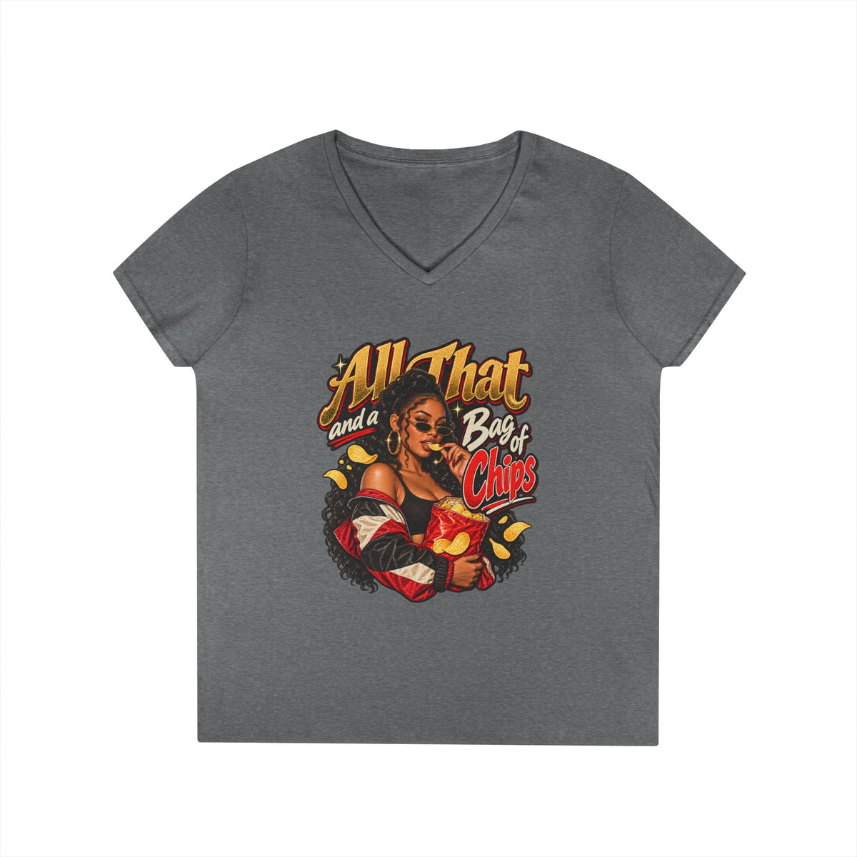 All That and a Bag of Chips V-Neck T-Shirt | Retro Pinup Snack Graphic | 90s 00s Hip Hop Pop Culture Nostalgia
