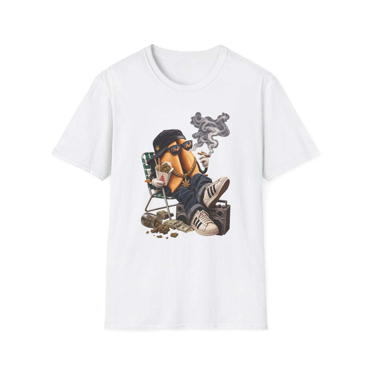 Chill Hot Dog Character T-Shirt | Smoking Cartoon Sausage Graphic | 1990's 2000's Nostalgia Throwback