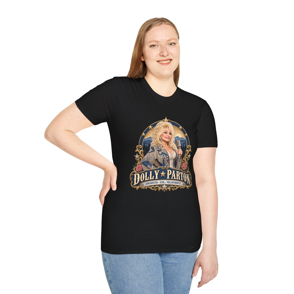 Country Singer Dolly Parton Portrait T-Shirt | Retro Western Microphone Design