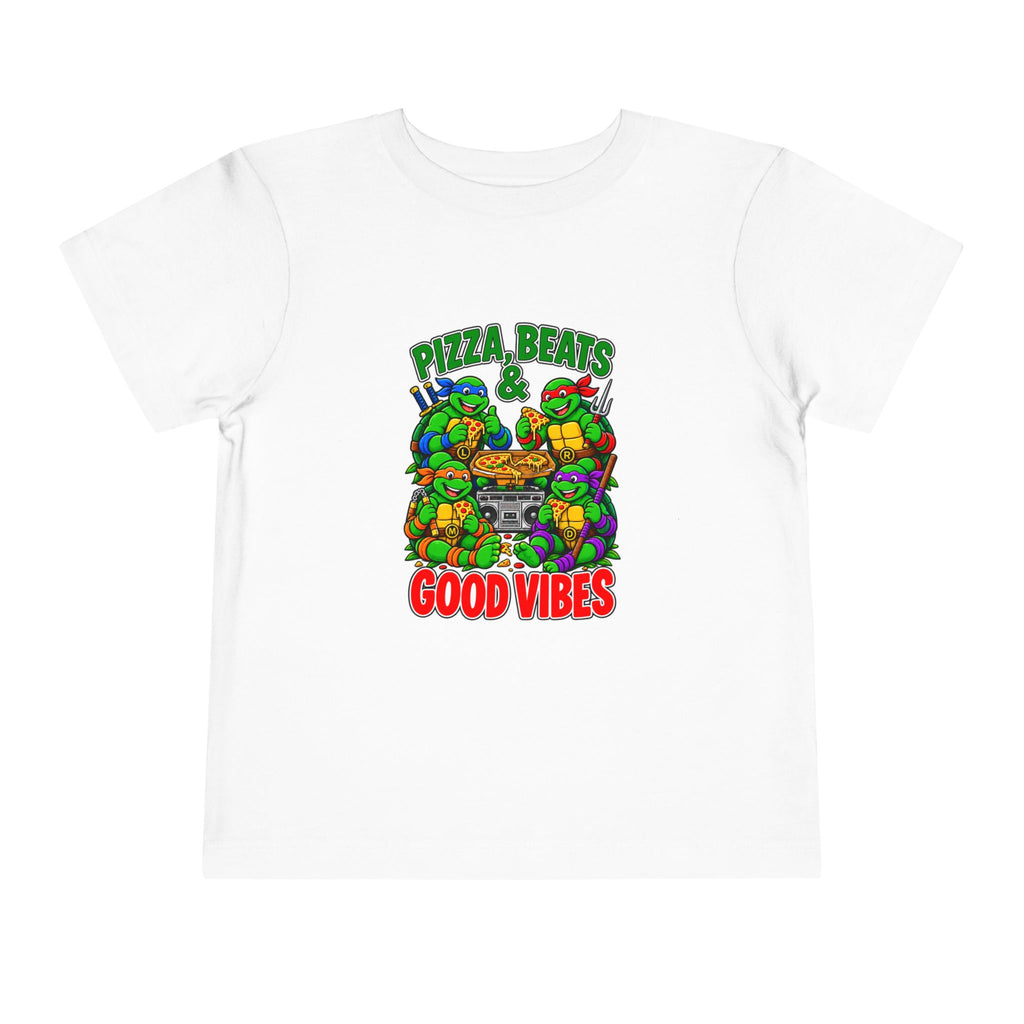 Pizza, Beats and Good Vibes Toddler Tee | Cartoon Pizza Party Design