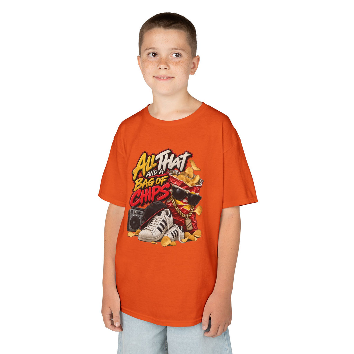 All That and a Bag of Chips Kid Tee | Retro Chips Cartoon Snack Design | 90's 00's Hip Hop Pop Culture