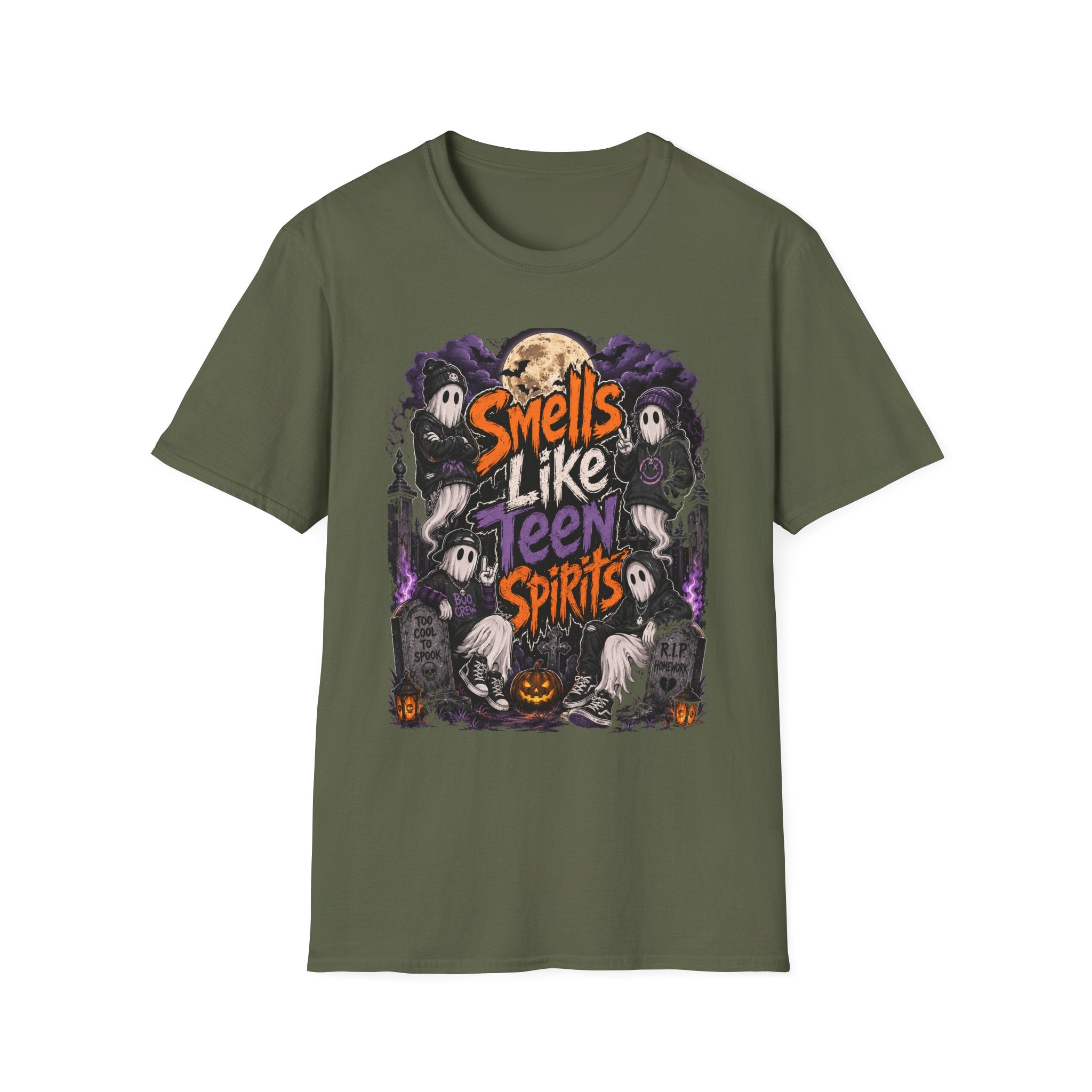 Smells Like Teen Spirits T-Shirt | Halloween Ghosts Moon Pumpkin Hip Hop | 1990's 2000's Nostalgia Throwback