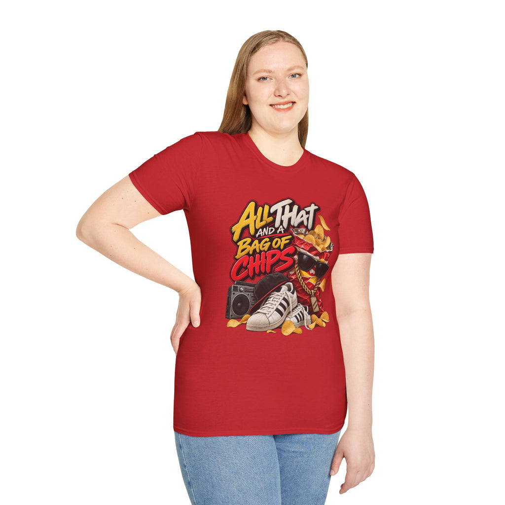 All That and a Bag of Chips T-Shirt | Retro Snack Graphic Tee | 90's 00's Hip Hop Pop Culture