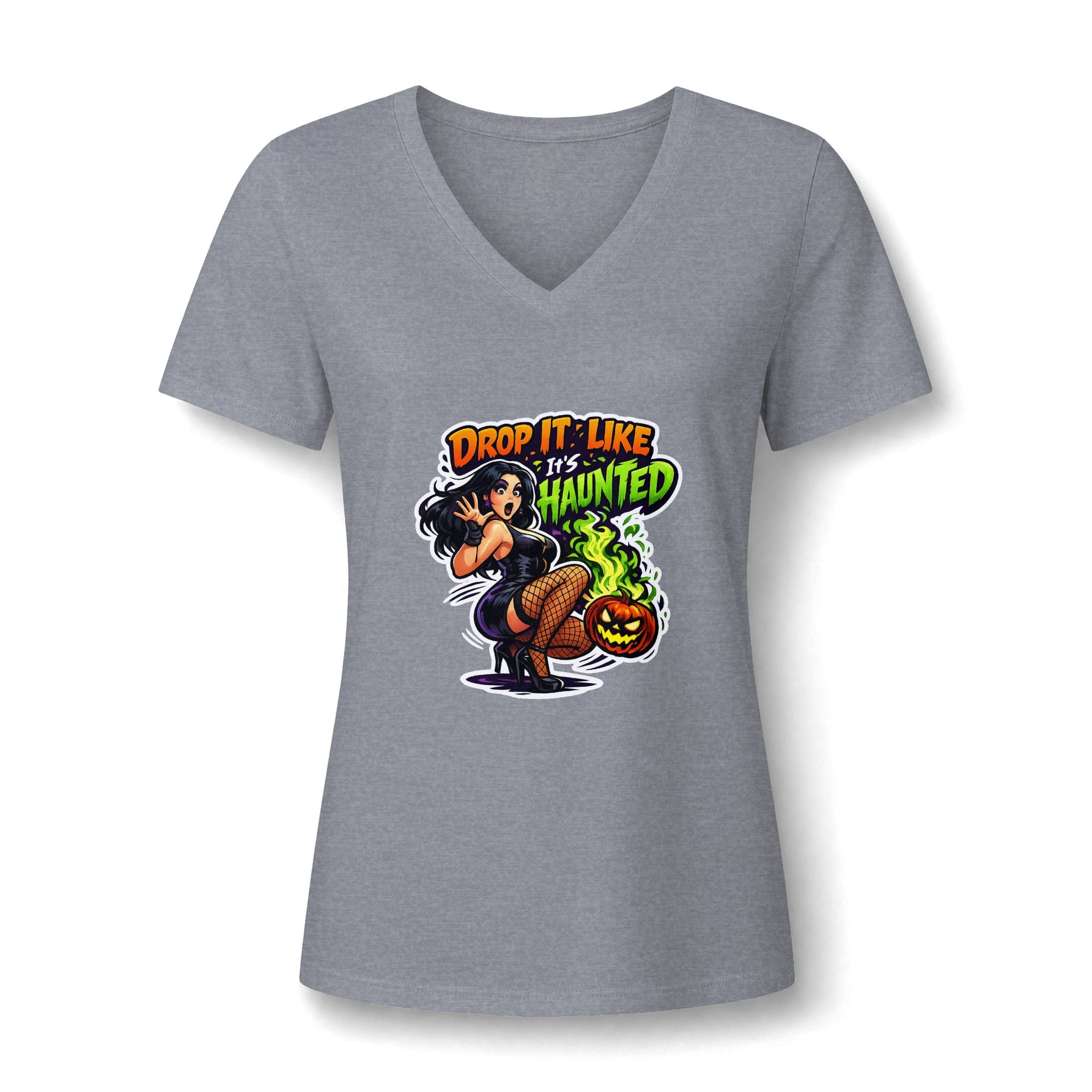 Drop It Like It's Haunted V-Neck Tee | Halloween Pinup Witch Design
