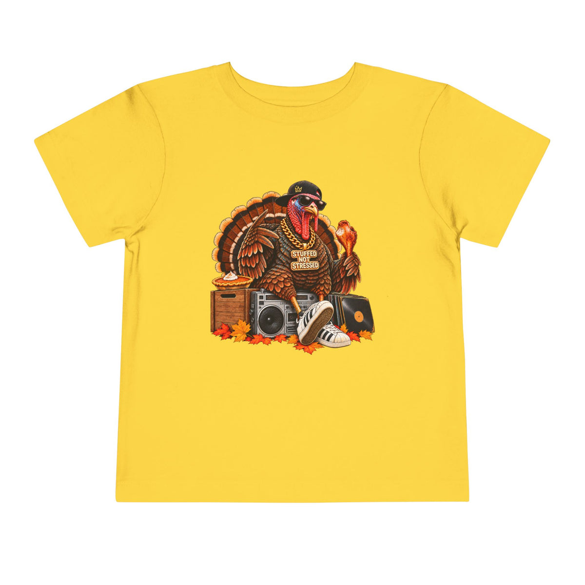 DJ Turkey Toddler Tee | Thanksgiving Turkey with Headphones, Records, Fall Leaves | 00s 90s Hip Hop