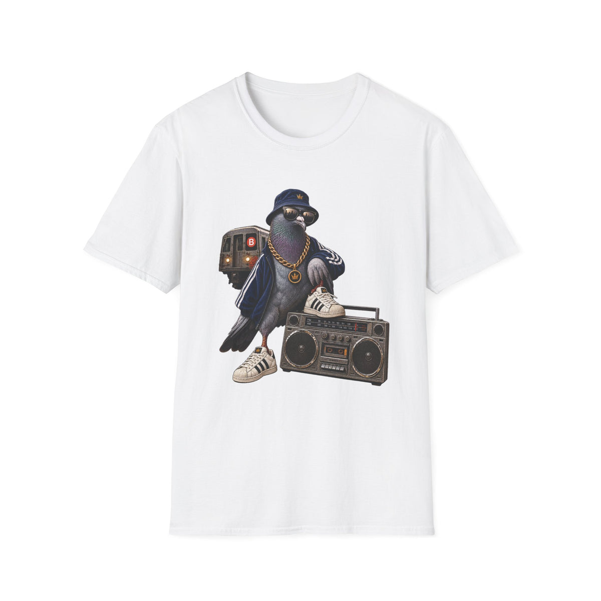 Pigeon Rapper Illustration B Train Boombox Hip Hop T-Shirt NYC | Urban Street Style | 1990's 2000's Nostalgia Throwback