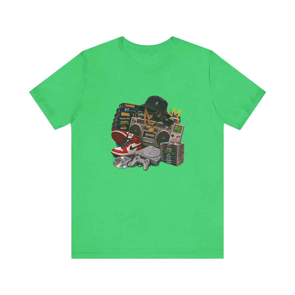 Retro Hip Hop Collage Tee | Boombox, Sneakers, Cassette, Game Handheld