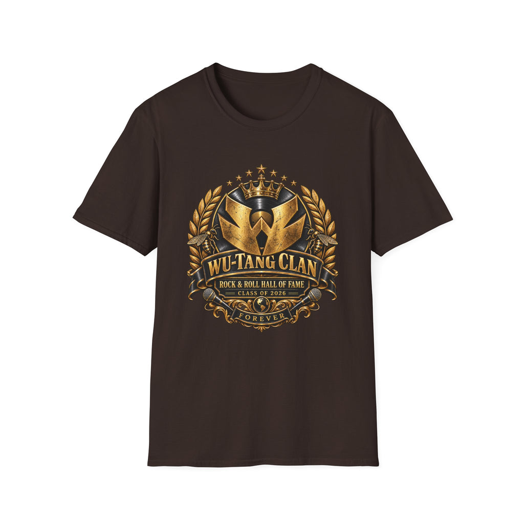 Wu-Tang Clan Rock and Roll Hall of Fame T-Shirt | Gold emblem, laurel wreath, hip hop logo | 90s 00s Hip Hop Nostalgia Pop Culture