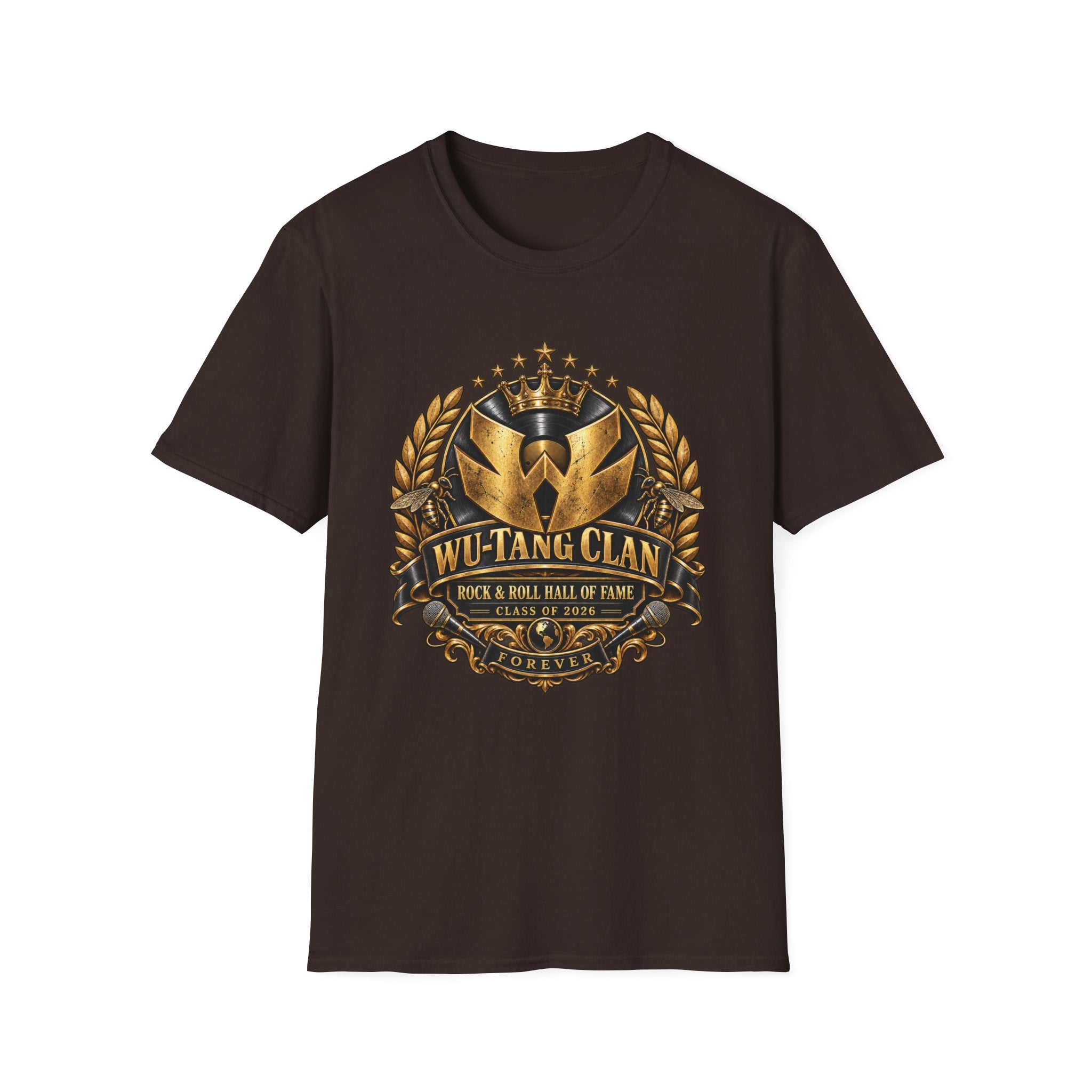 Wu-Tang Clan Rock and Roll Hall of Fame T-Shirt | Gold emblem, laurel wreath, hip hop logo | 90s 00s Hip Hop Nostalgia Pop Culture