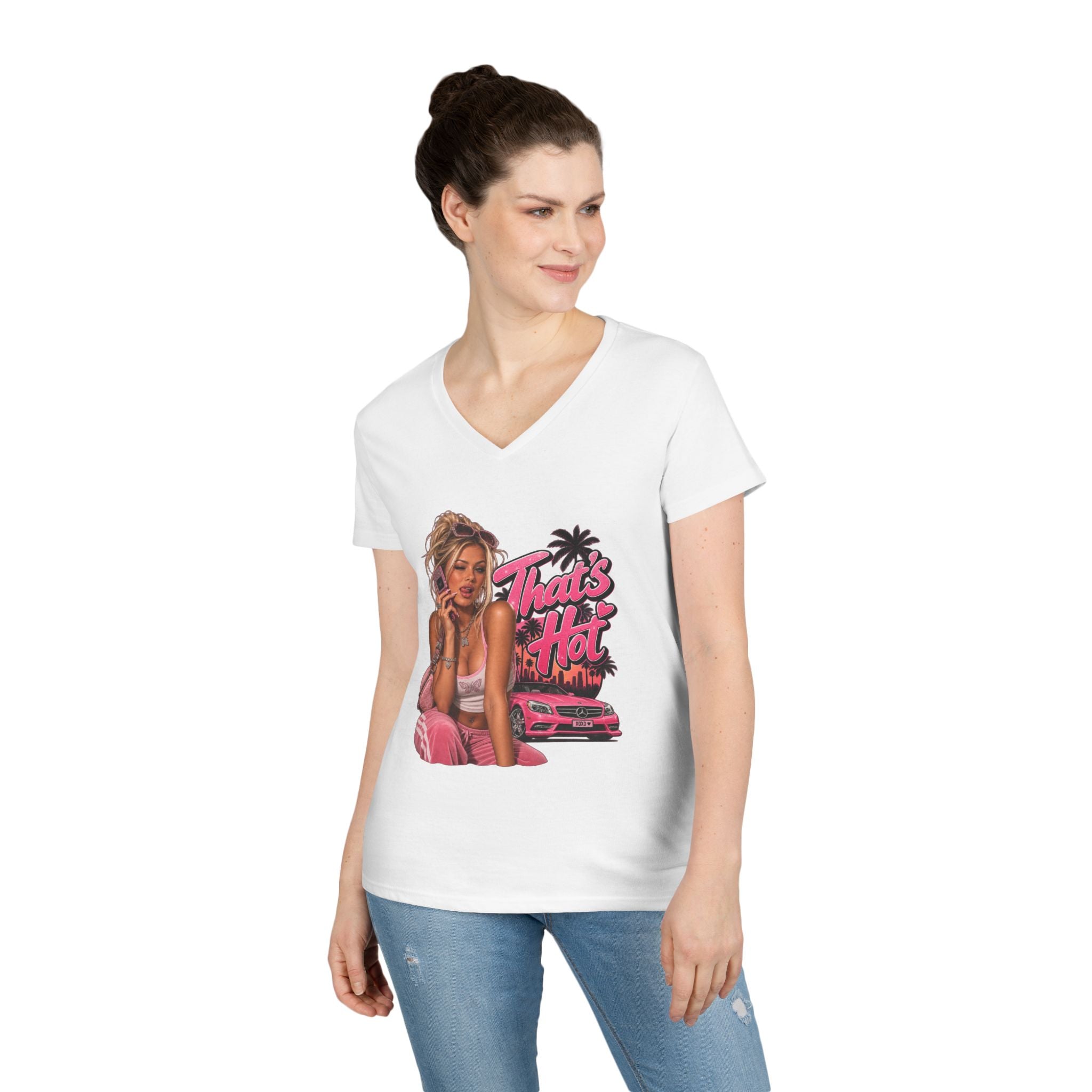 Thats Hot Pinup Girl V-Neck T-Shirt | Retro Palm Car Graphic | 90s 00s Hip Hop Pop Culture Nostalgia