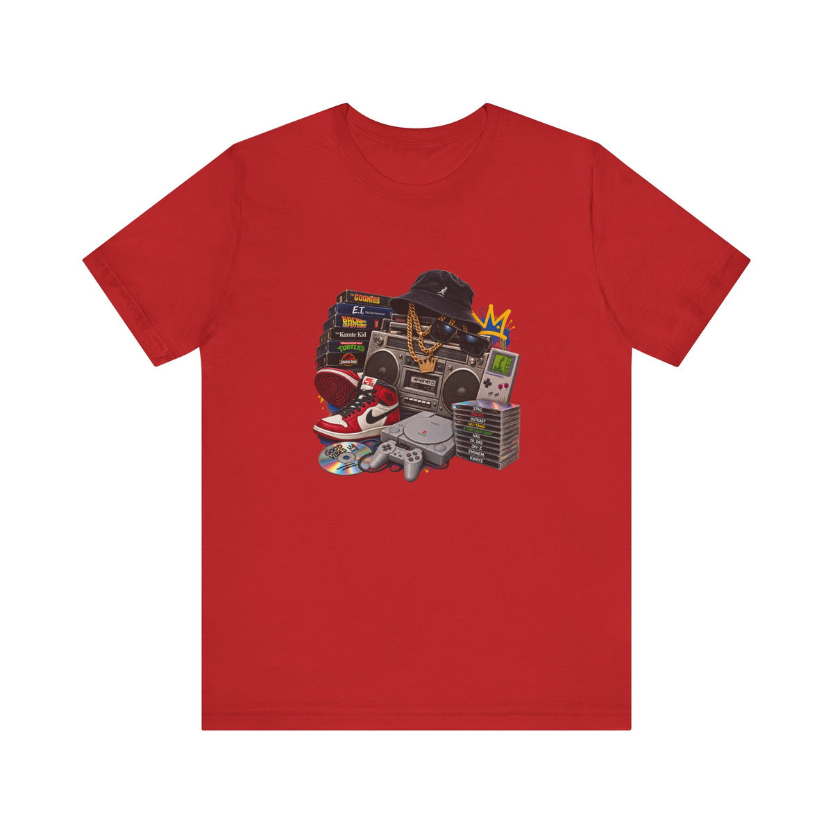 Retro Hip Hop Collage Tee | Boombox, Sneakers, Cassette, Game Handheld