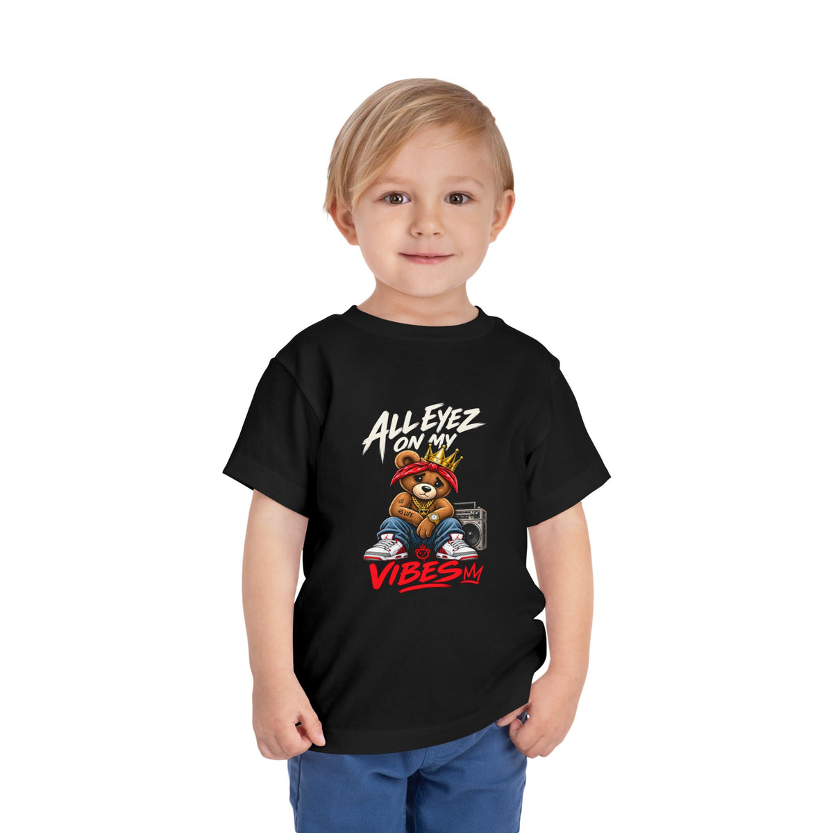 All Eyez On My Vibes Teddy Bear Toddler Tee | Hip Hop Boombox Graphic