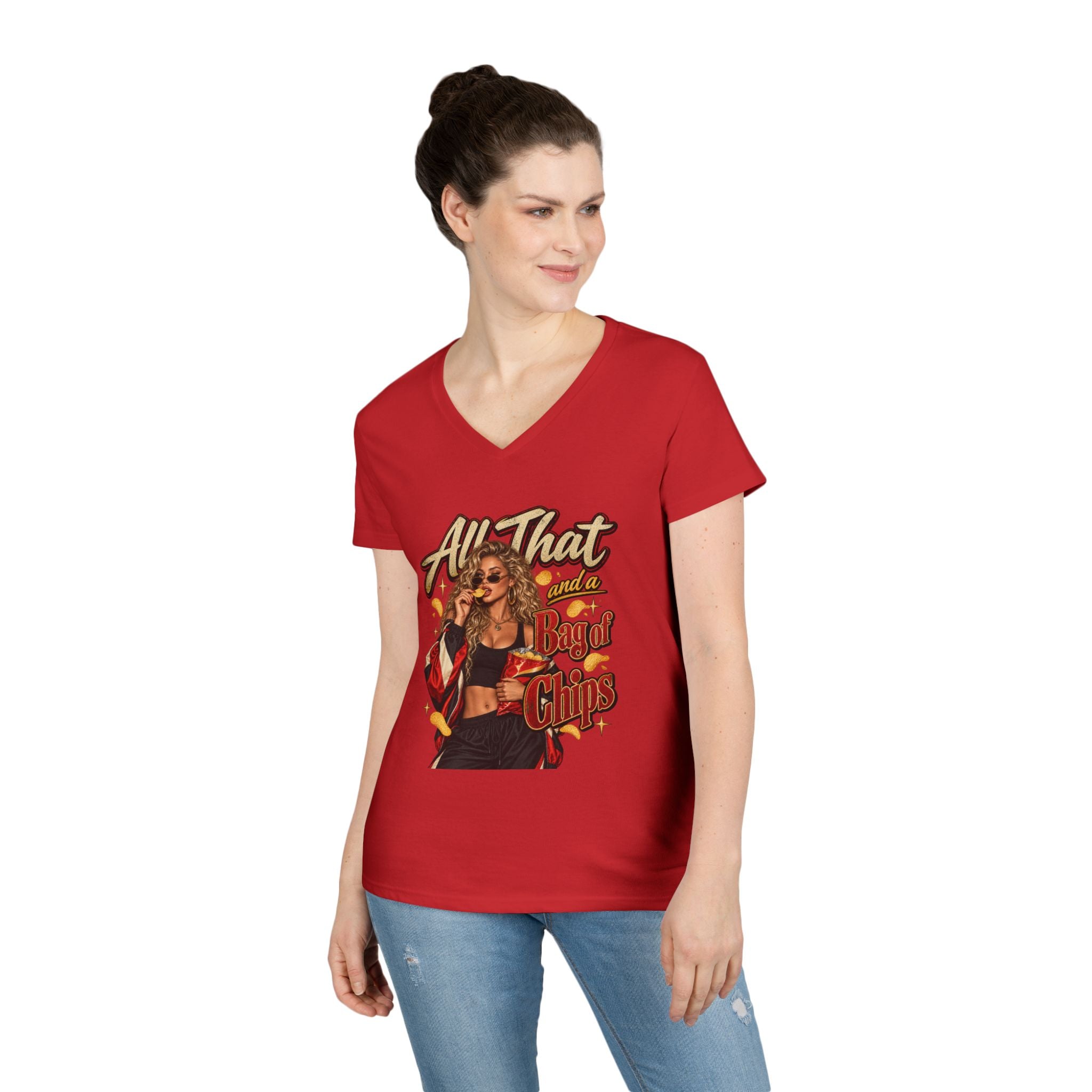 All That And A Bag of Chips Graphic V-Neck Tee | Retro Pinup Illustration | 90's 00's Hip Hop Pop Culture Nostalgia