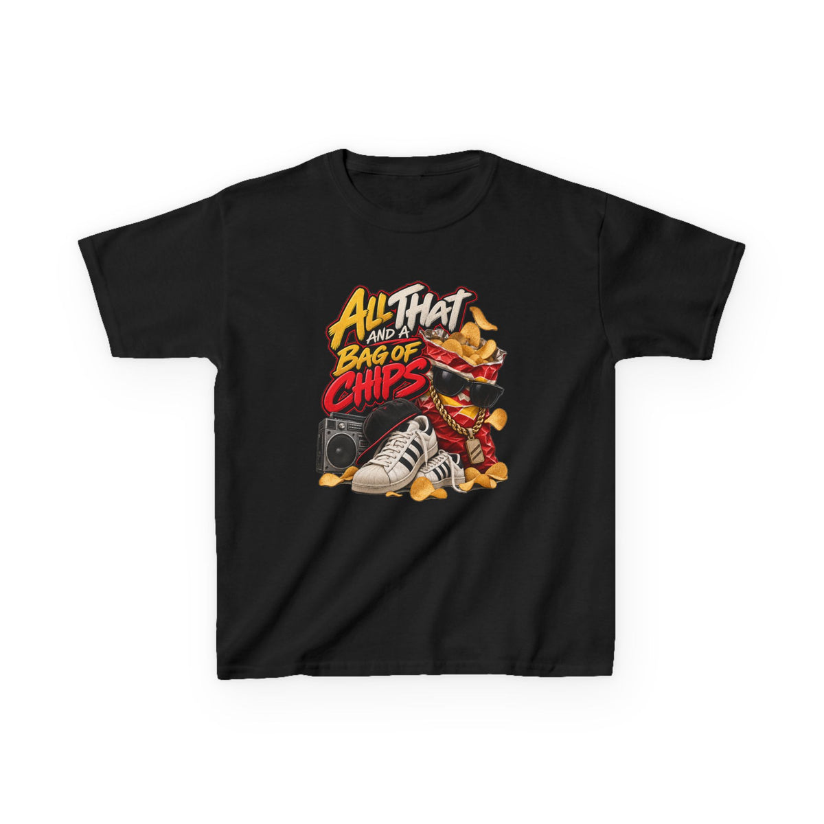 All That and a Bag of Chips Kid Tee | Retro Chips Cartoon Snack Design | 90's 00's Hip Hop Pop Culture