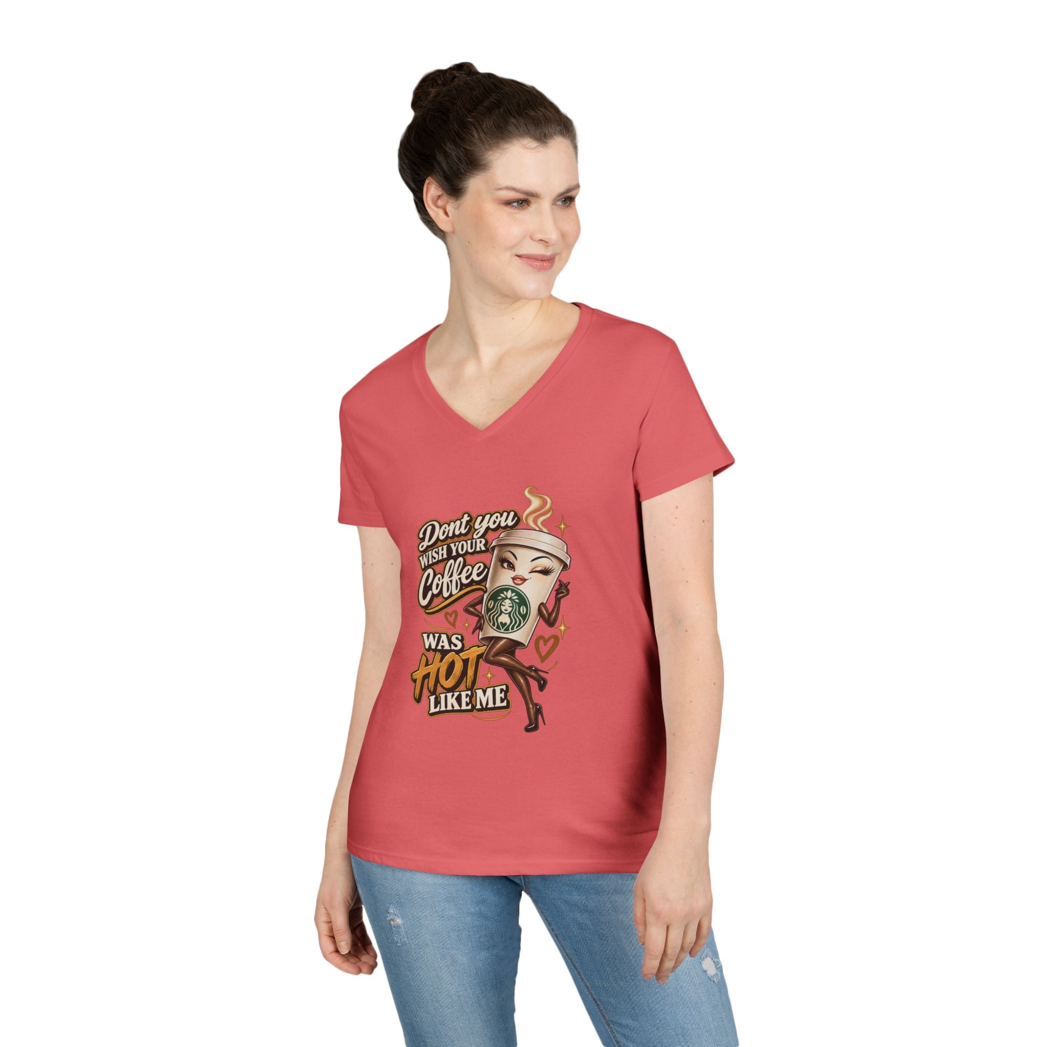Dont You Wish Your Coffee Was Hot Like Me V-Neck T-Shirt | Coffee Pinup Tee | 90s 00s Hip Hop Pop Culture Nostalgia