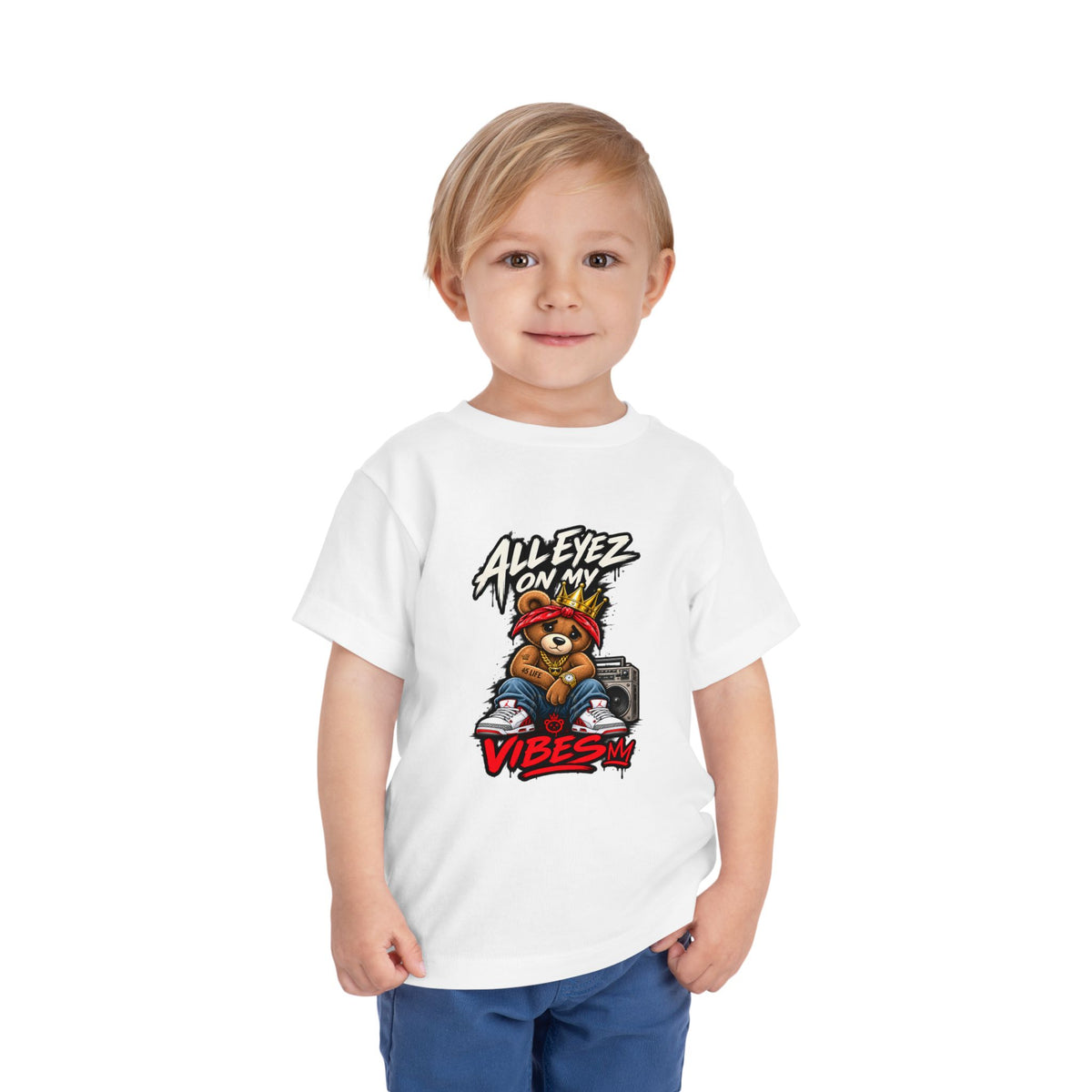 All Eyez On My Vibes Teddy Bear Toddler Tee | Hip Hop Boombox Graphic