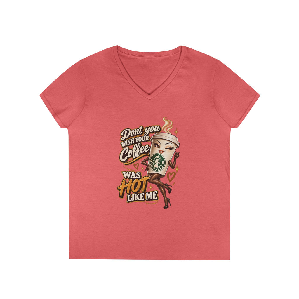 Dont You Wish Your Coffee Was Hot Like Me V-Neck T-Shirt | Coffee Pinup Tee | 90s 00s Hip Hop Pop Culture Nostalgia
