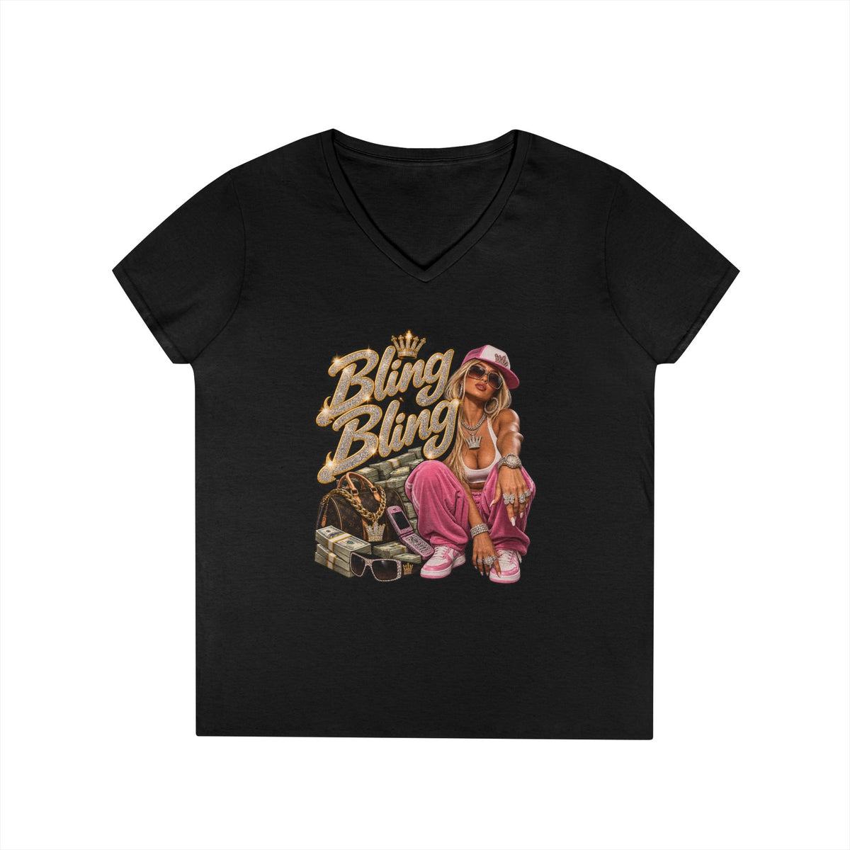 Bling Bling Graphic V-Neck Tee | Retro Hip Hop Babe, Gold Chains | 90s 00s Hip Hop Pop Culture Nostalgia