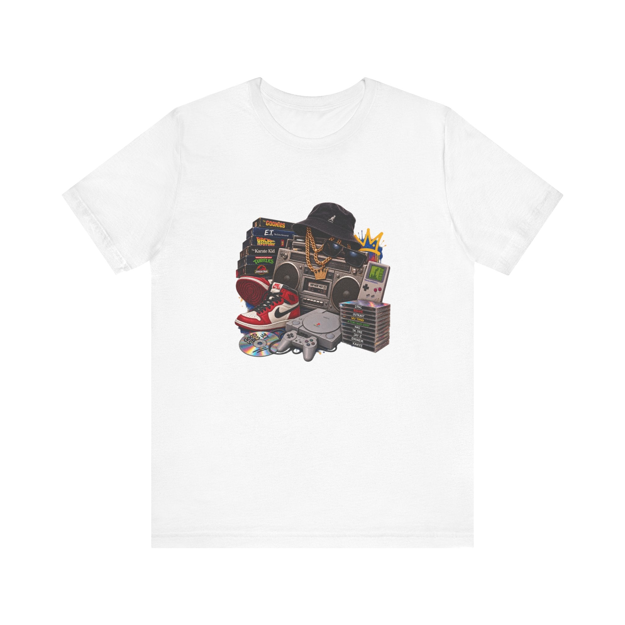 Retro Hip Hop Collage Tee | Boombox, Sneakers, Cassette, Game Handheld