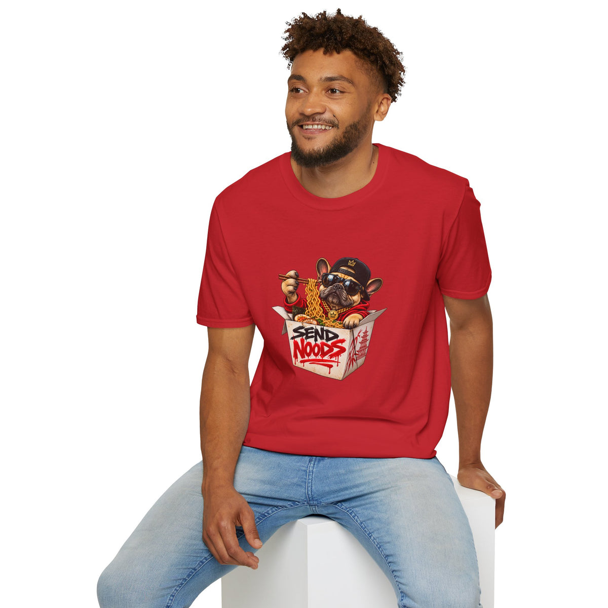 Send Noods Ramen Dog T-Shirt | Cute Dog in Noodle Box Graphic Tee | Pop Culture Noodles