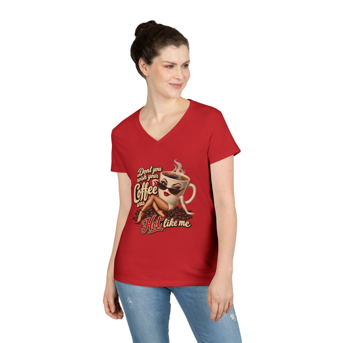 Dont You Wish Your Coffee Was Hot Like Me V-Neck Tee | Coffee Mug Pinup Design | 90s 00s Hip Hop Pop Culture Nostalgia