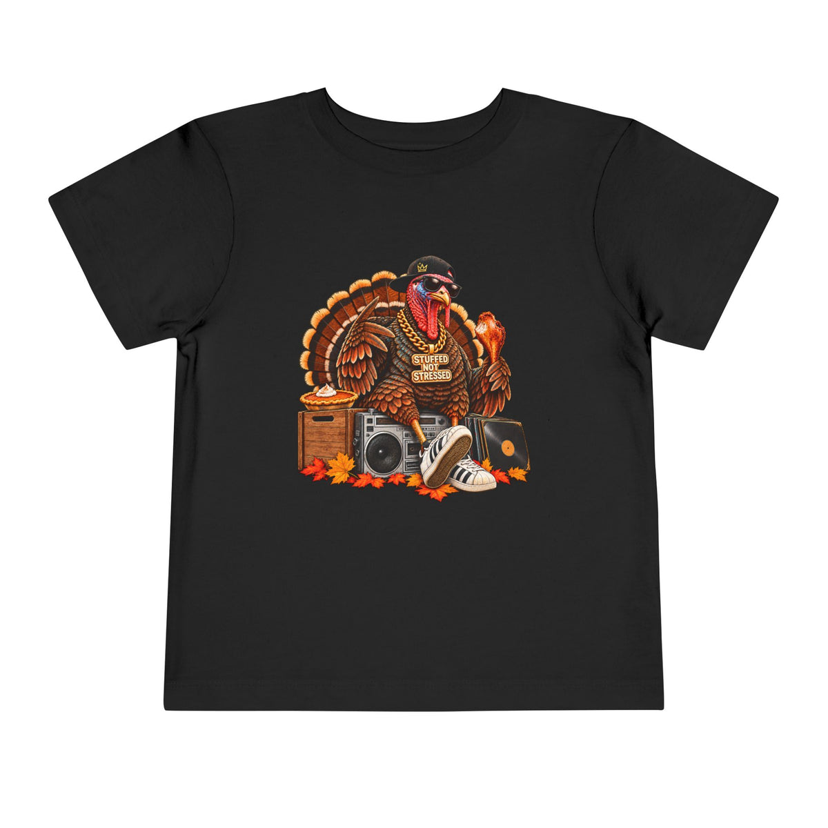 DJ Turkey Toddler Tee | Thanksgiving Turkey with Headphones, Records, Fall Leaves | 00s 90s Hip Hop