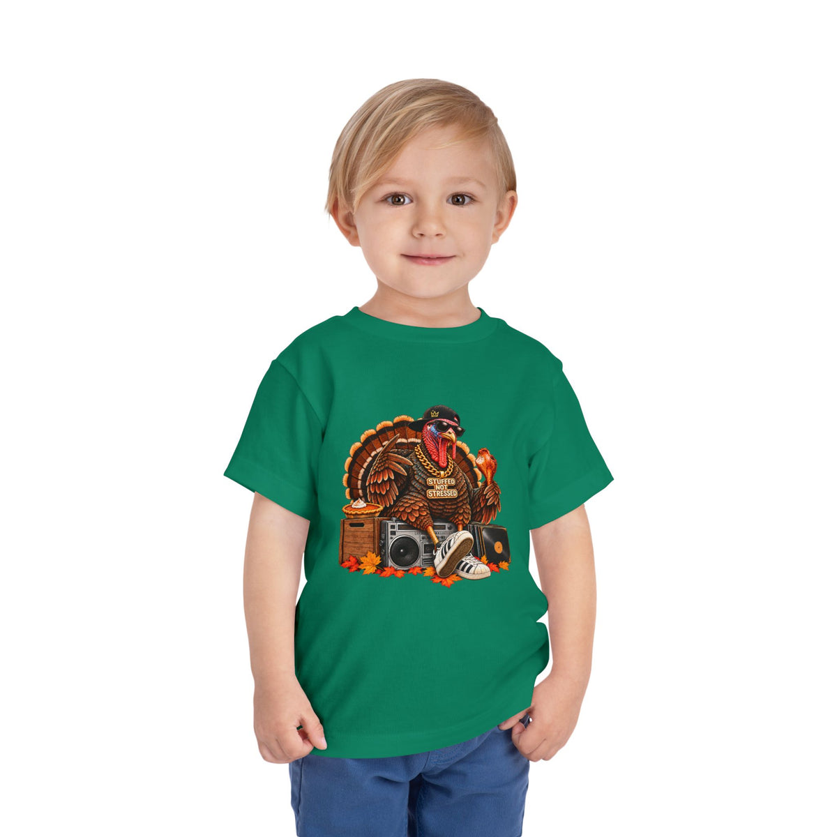 DJ Turkey Toddler Tee | Thanksgiving Turkey with Headphones, Records, Fall Leaves | 00s 90s Hip Hop