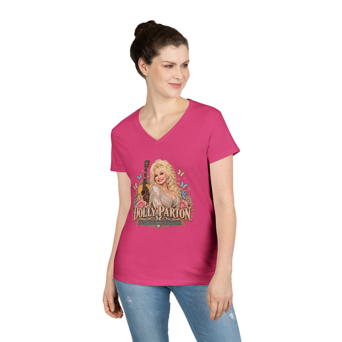 Country Music Singer Portrait T-Shirt Dolly Parton | Vintage Guitar Floral Design