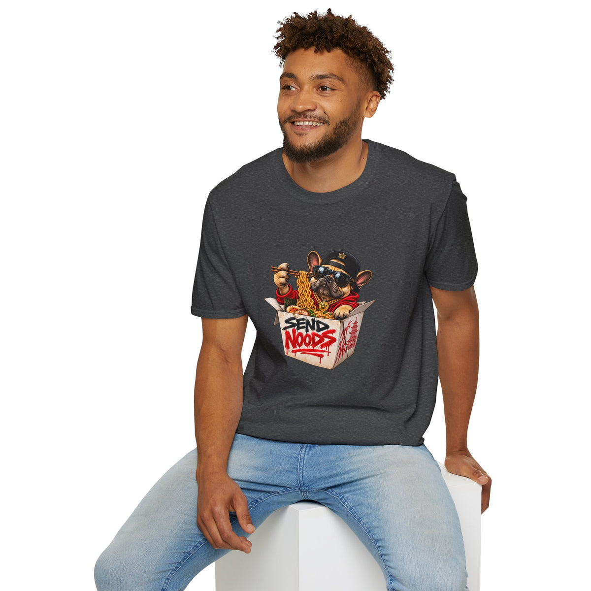 Send Noods Ramen Dog T-Shirt | Cute Dog in Noodle Box Graphic Tee | Pop Culture Noodles
