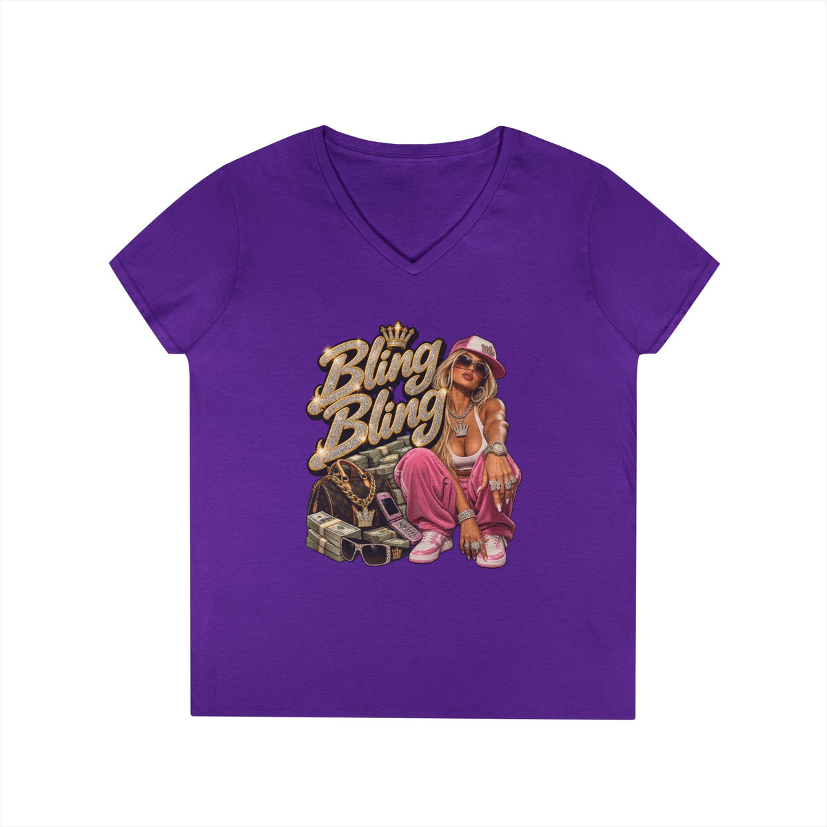 Bling Bling Graphic V-Neck Tee | Retro Hip Hop Babe, Gold Chains | 90s 00s Hip Hop Pop Culture Nostalgia