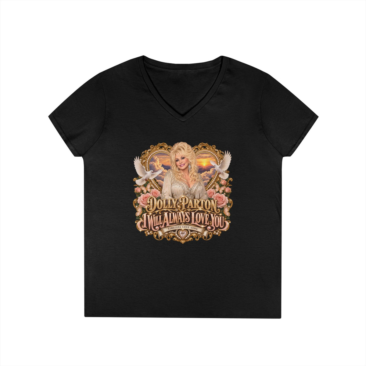 Dolly Parton Portrait V-Neck T-Shirt Pink | Dolly Parton Always Love You | Memorial Tribute