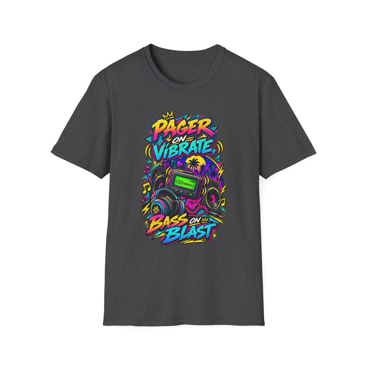 Pager on Vibrate Retro 90s Graphic T-Shirt | Bass on Blast Neon Boombox | 1990's 2000's Nostalgia Throwback