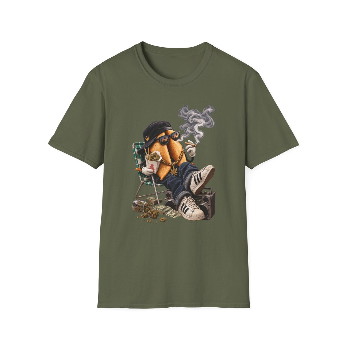 Chill Hot Dog Character T-Shirt | Smoking Cartoon Sausage Graphic | 1990's 2000's Nostalgia Throwback