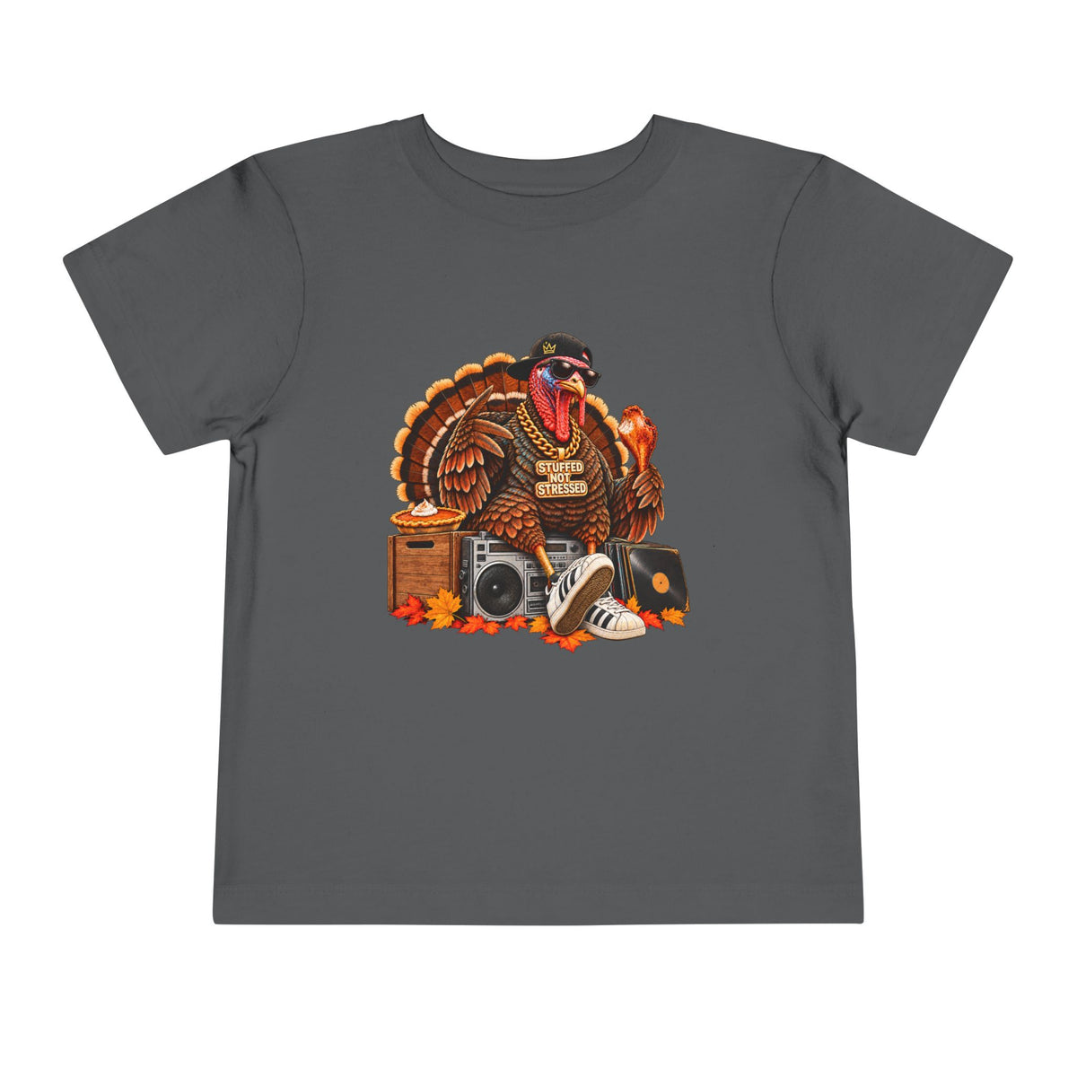 DJ Turkey Toddler Tee | Thanksgiving Turkey with Headphones, Records, Fall Leaves | 00s 90s Hip Hop